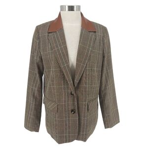 Steve Madden Oversized Blazer Brown Plaid Faux Leather 2 Button Jacket Medium